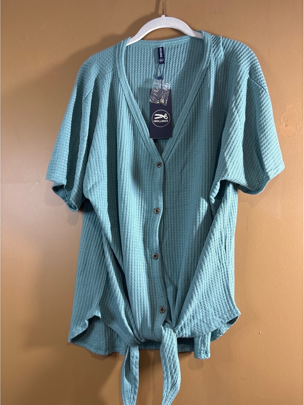 HC1226 IWOLLENCE Light Blue Waffle Knit Button-Up Top with Tie Front, Size 2XL